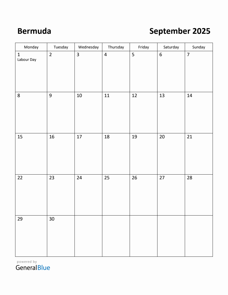 Free Printable September 2025 Calendar for Bermuda