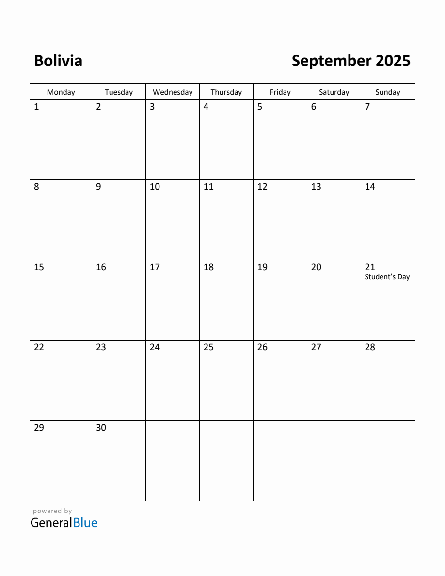 Free Printable September 2025 Calendar for Bolivia