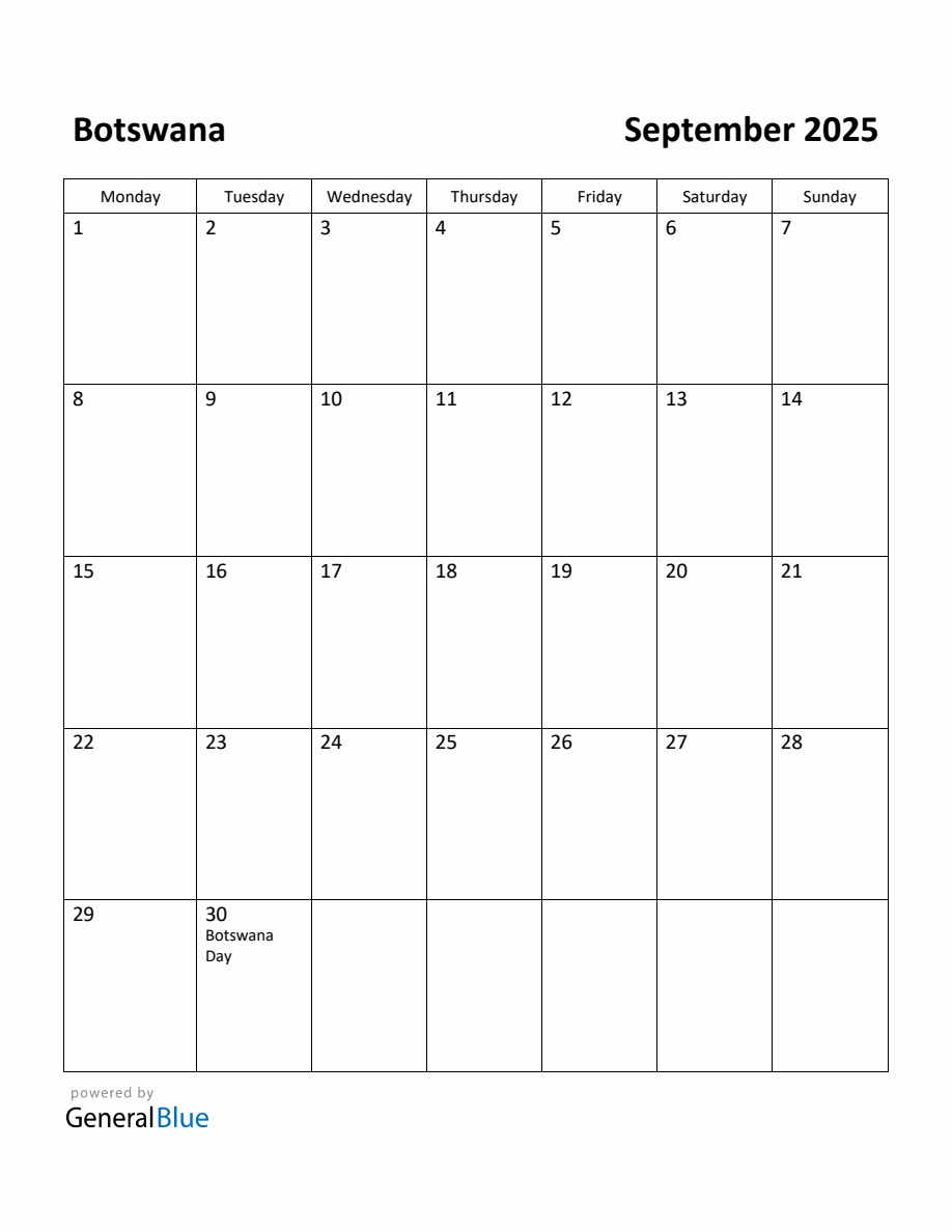 Free Printable September 2025 Calendar for Botswana
