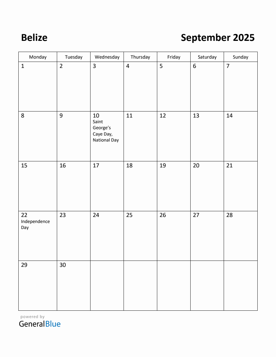 Free Printable September 2025 Calendar for Belize