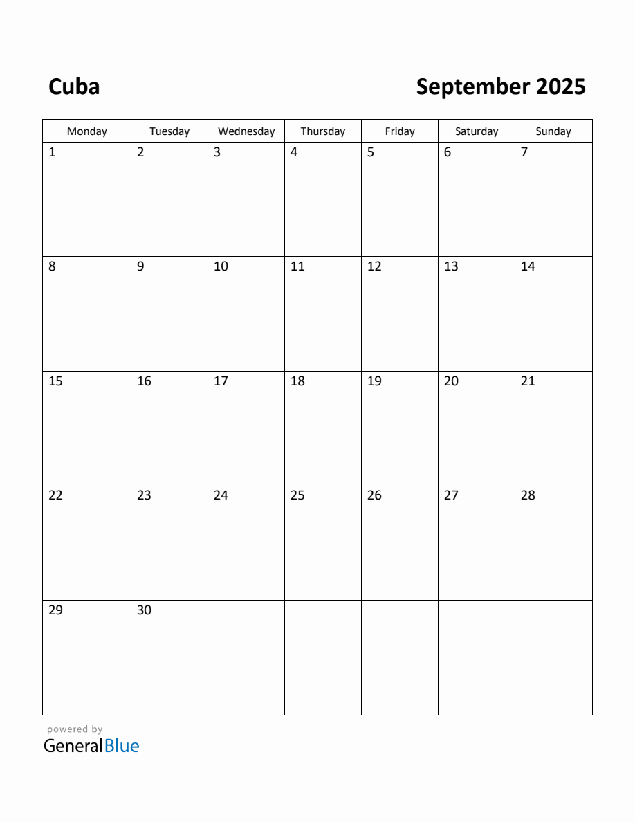 Free Printable September 2025 Calendar for Cuba