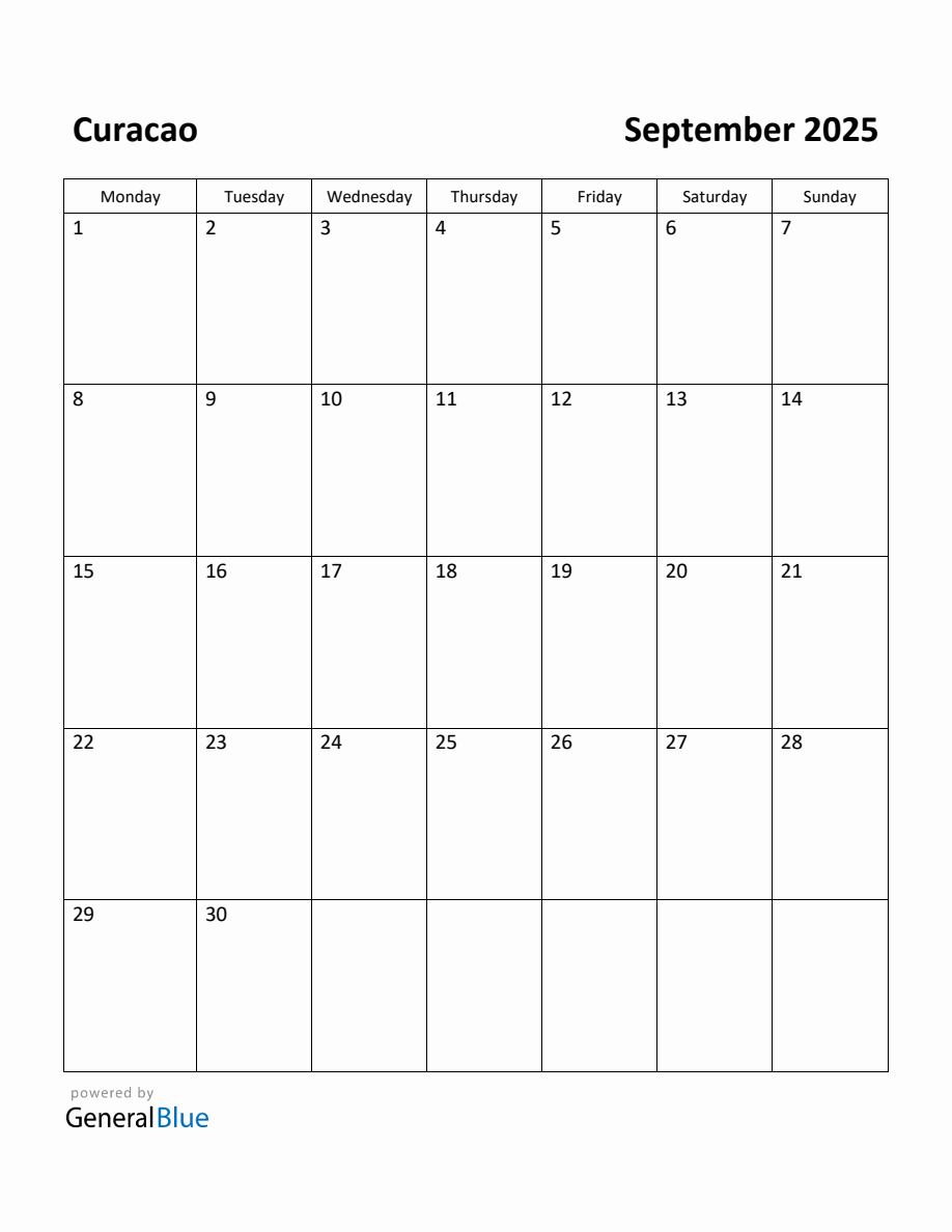 Free Printable September 2025 Calendar for Curacao