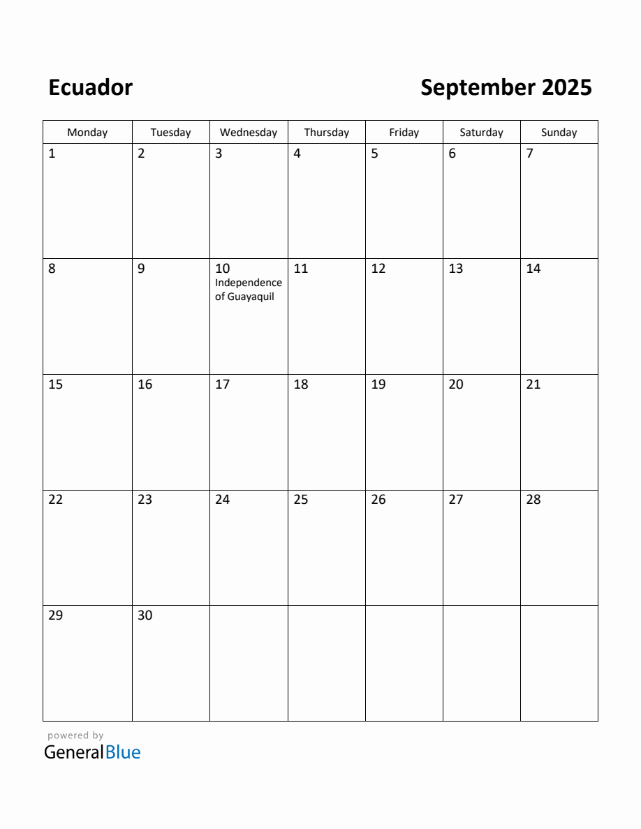 Free Printable September 2025 Calendar for Ecuador