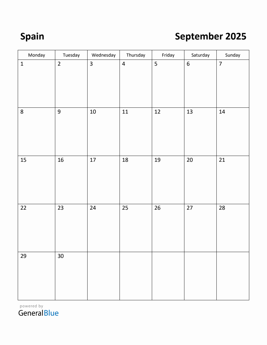 Free Printable September 2025 Calendar for Spain