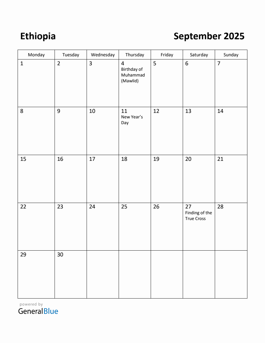 Free Printable September 2025 Calendar for Ethiopia