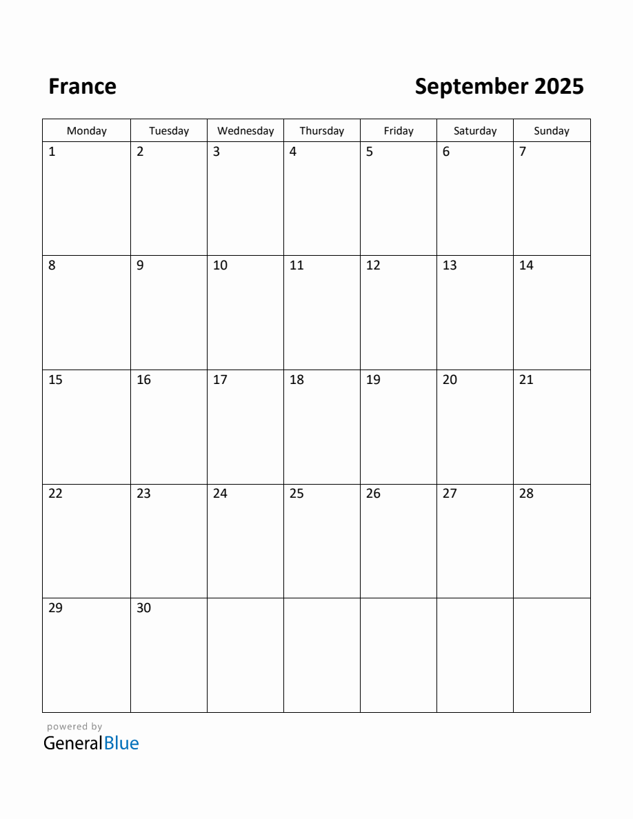 Free Printable September 2025 Calendar for France