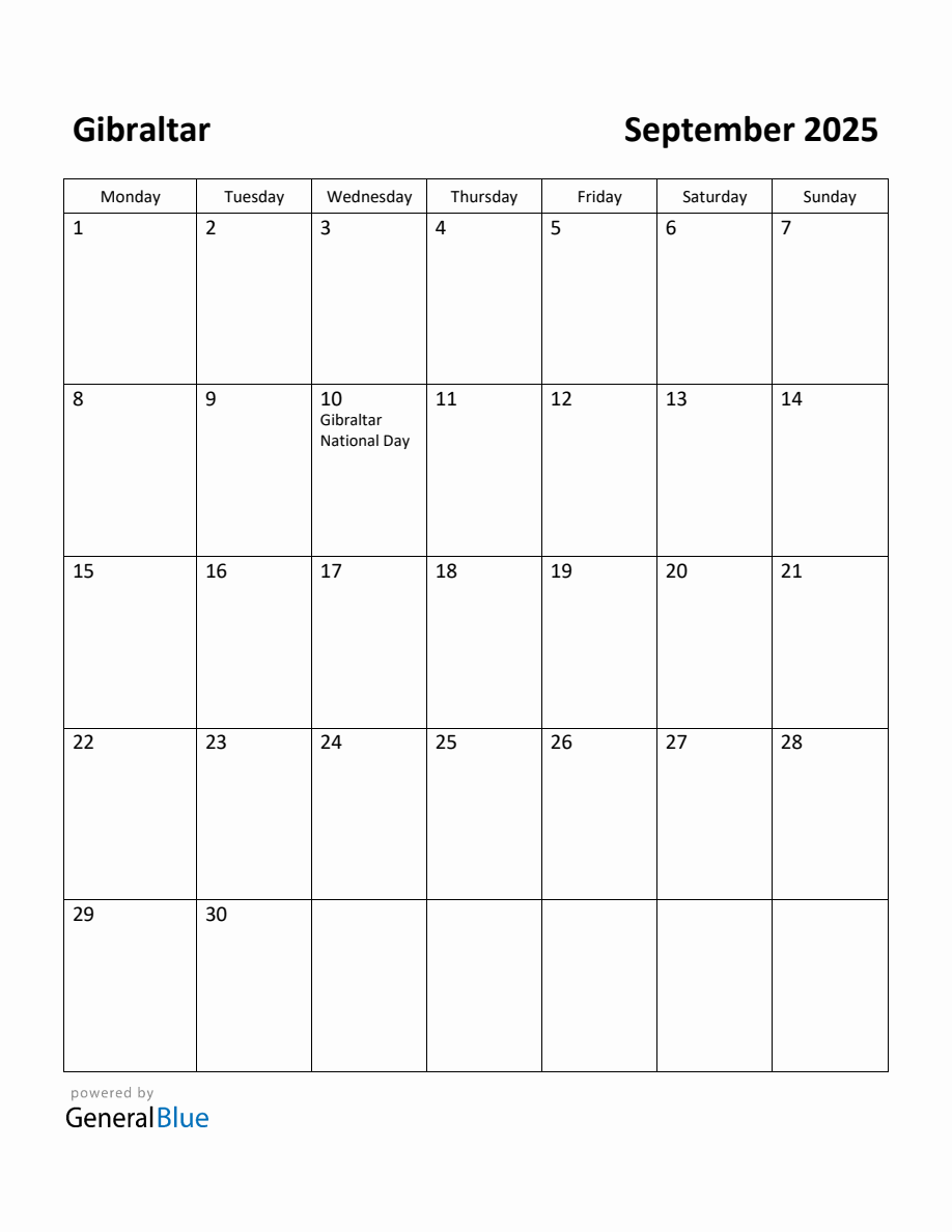 Free Printable September 2025 Calendar for Gibraltar