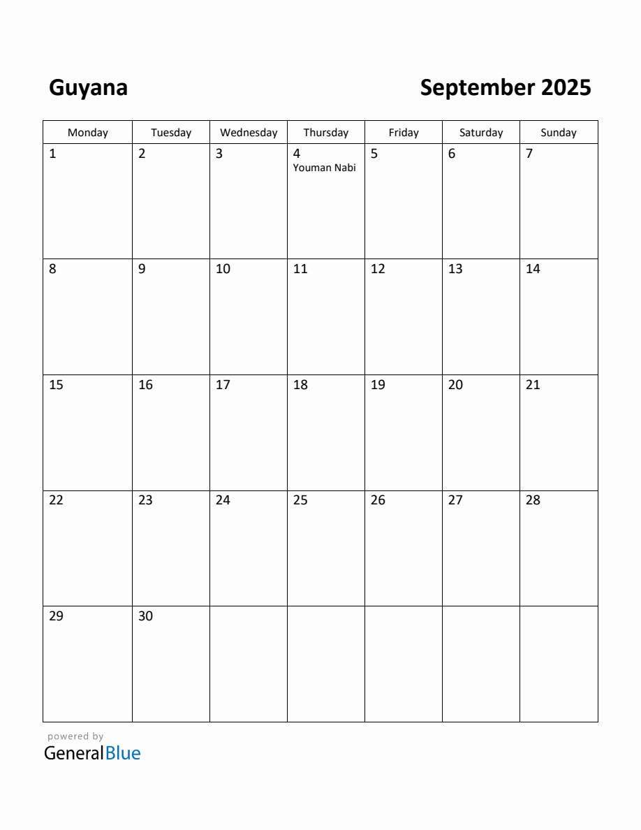 Free Printable September 2025 Calendar for Guyana