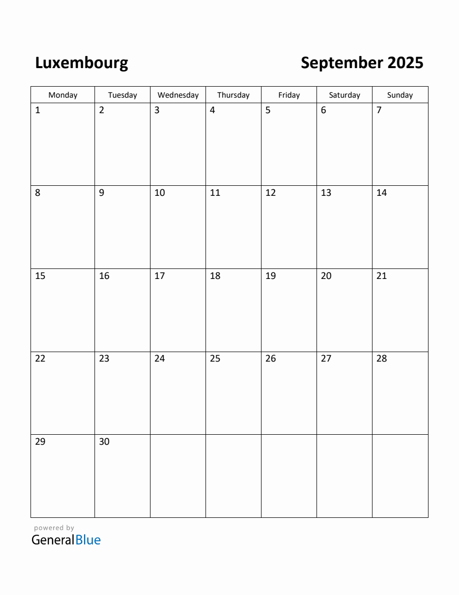 Free Printable September 2025 Calendar for Luxembourg