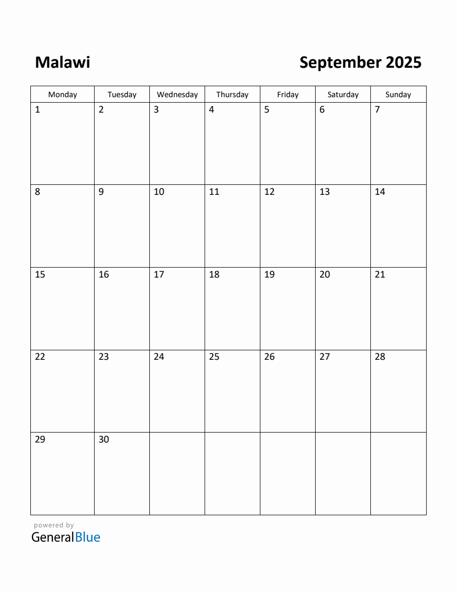 Free Printable September 2025 Calendar for Malawi