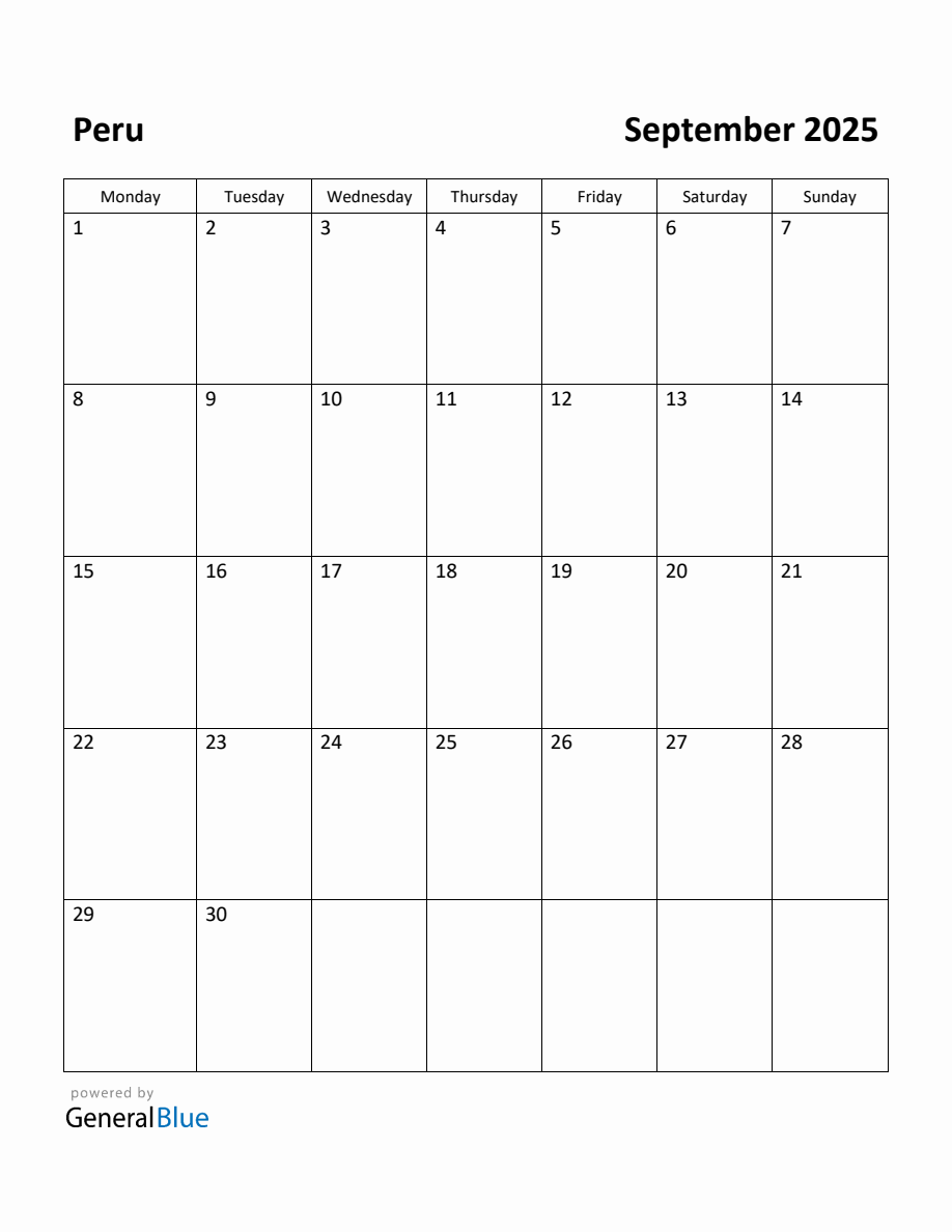 Free Printable September 2025 Calendar for Peru