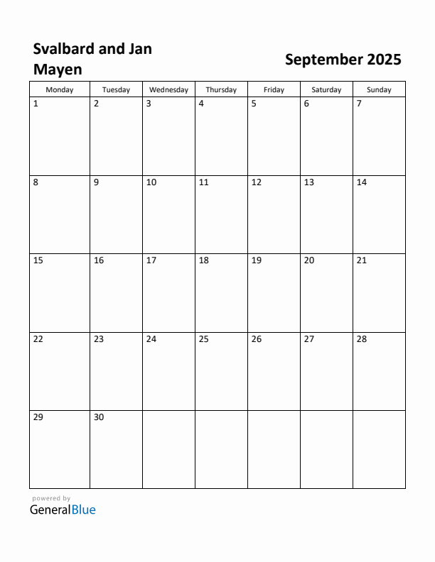 September 2025 Calendar with Svalbard and Jan Mayen Holidays