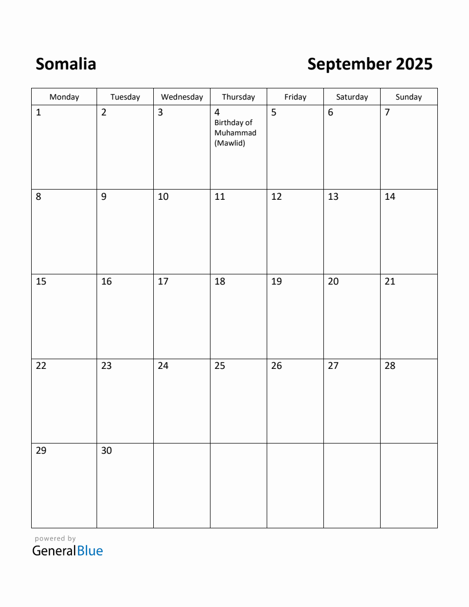 Free Printable September 2025 Calendar for Somalia