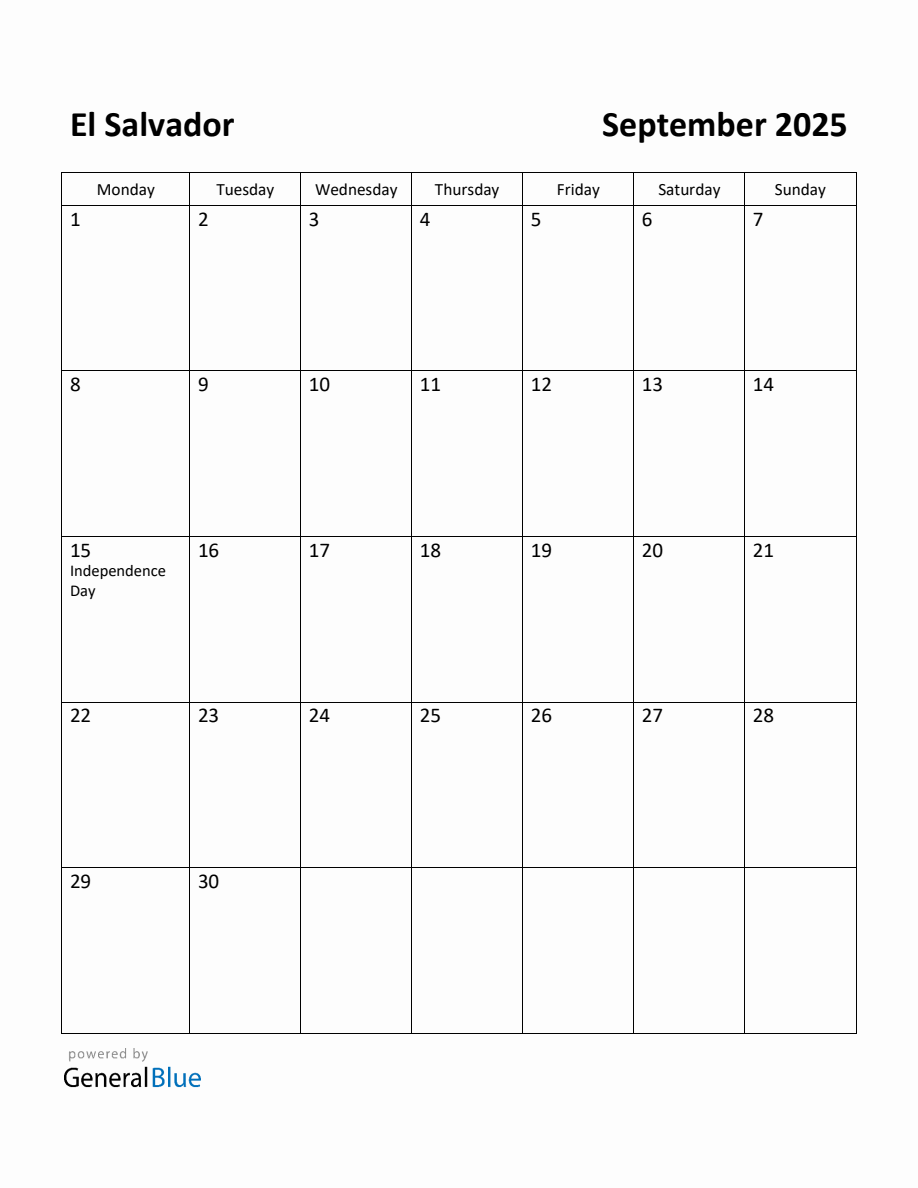 Free Printable September 2025 Calendar for El Salvador