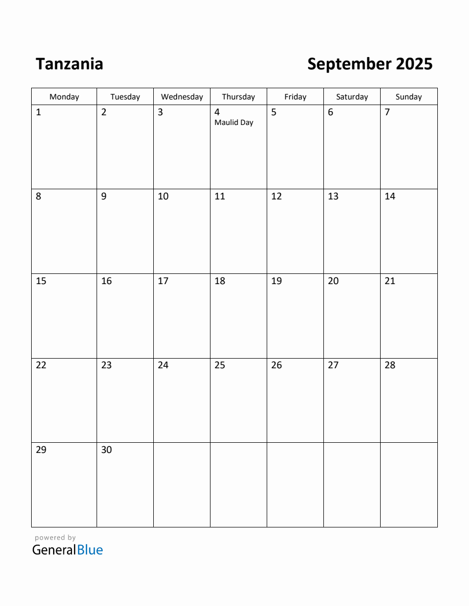 Free Printable September 2025 Calendar for Tanzania