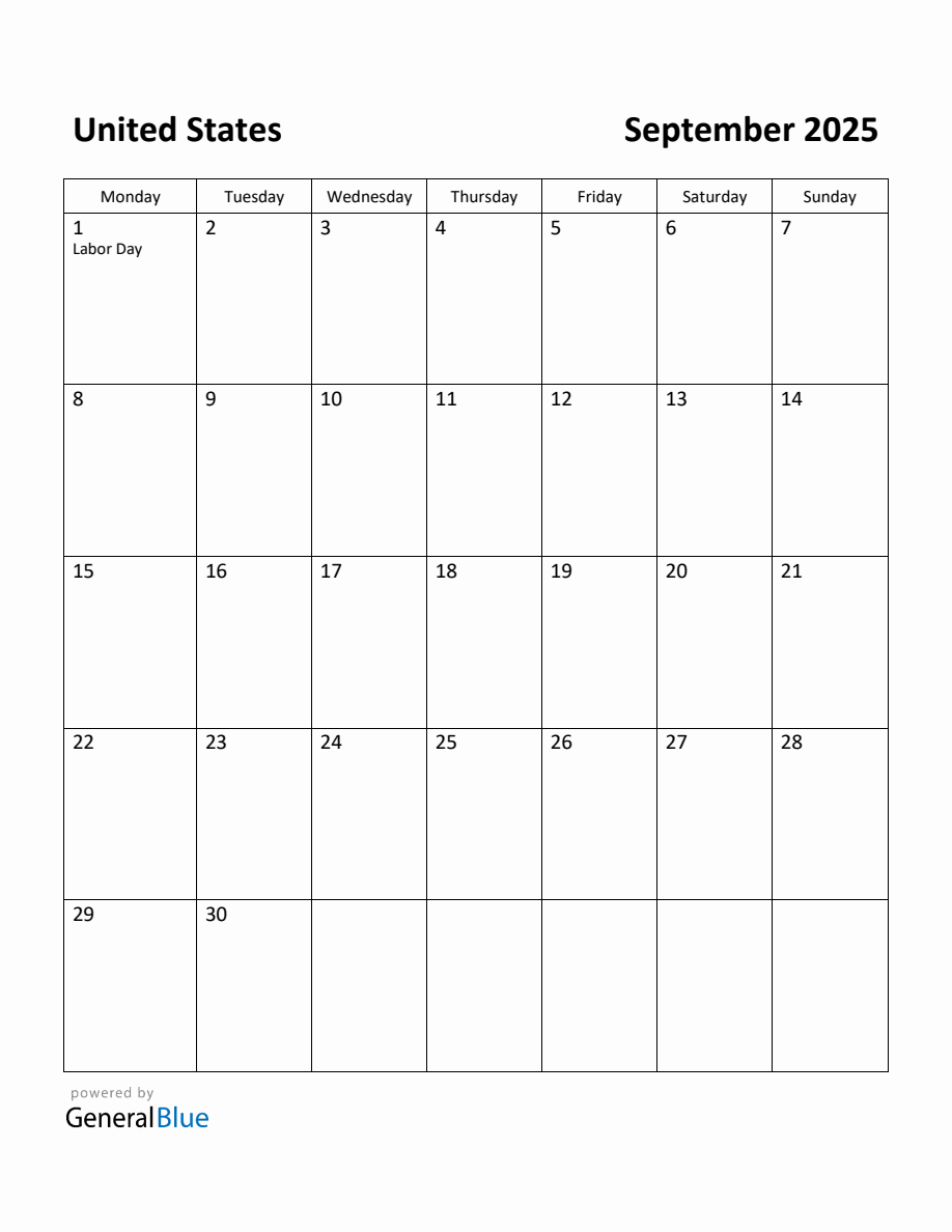 Free Printable September 2025 Calendar for United States