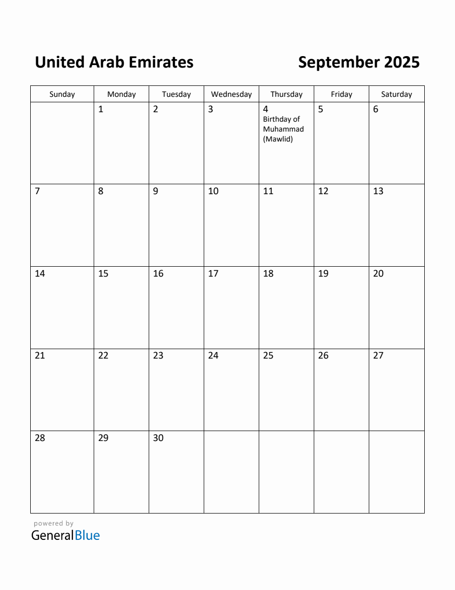 Free Printable September 2025 Calendar for United Arab Emirates