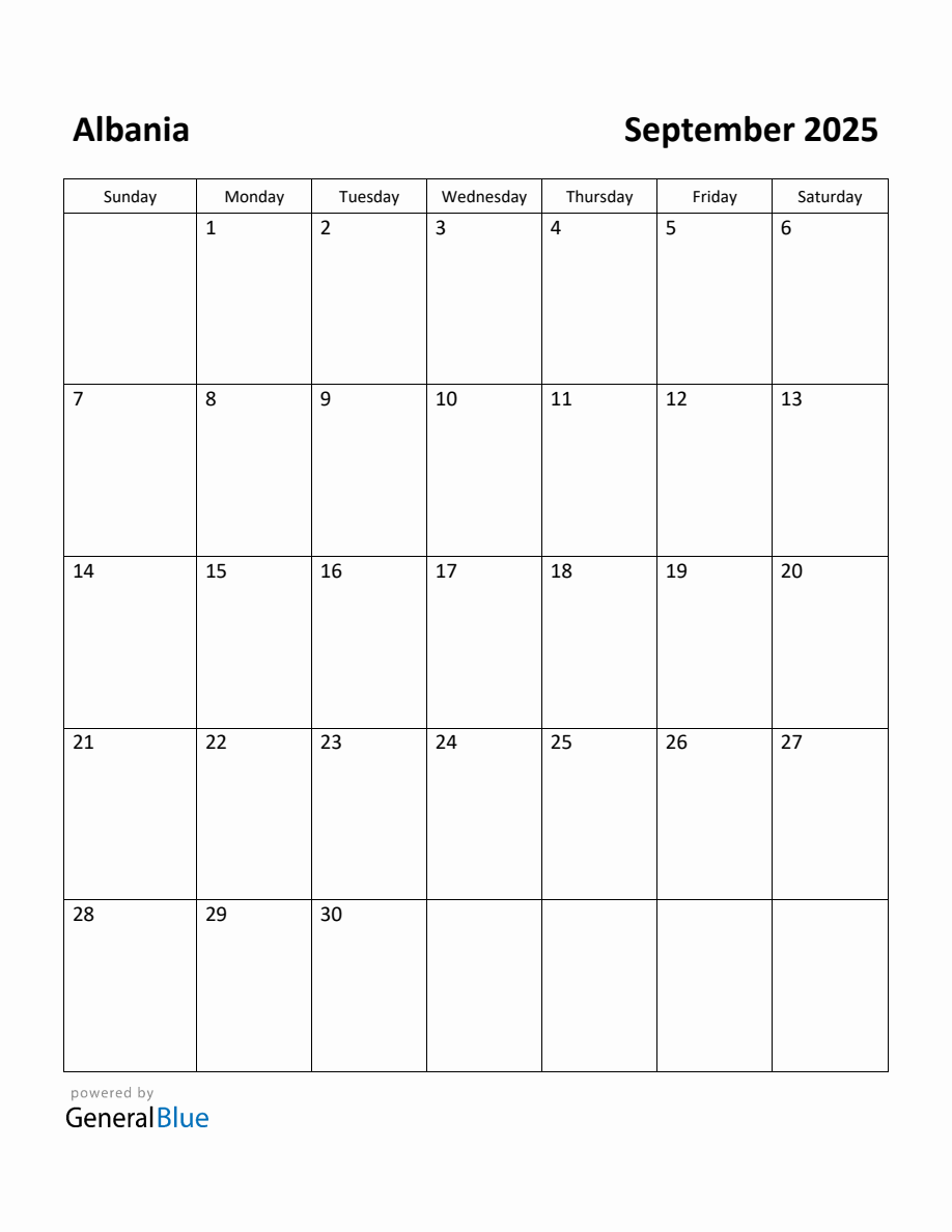 Free Printable September 2025 Calendar for Albania