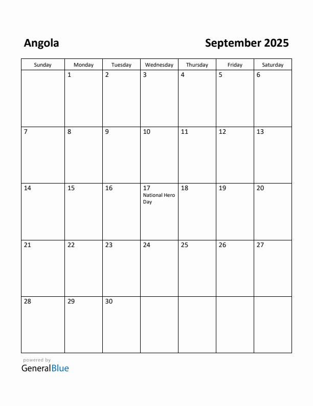 September 2025 Calendar with Angola Holidays