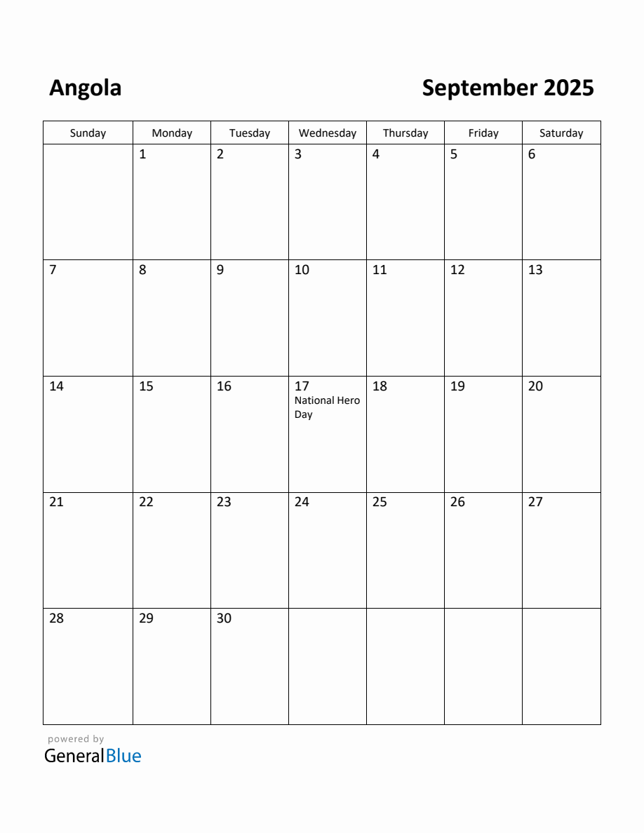 Free Printable September 2025 Calendar for Angola