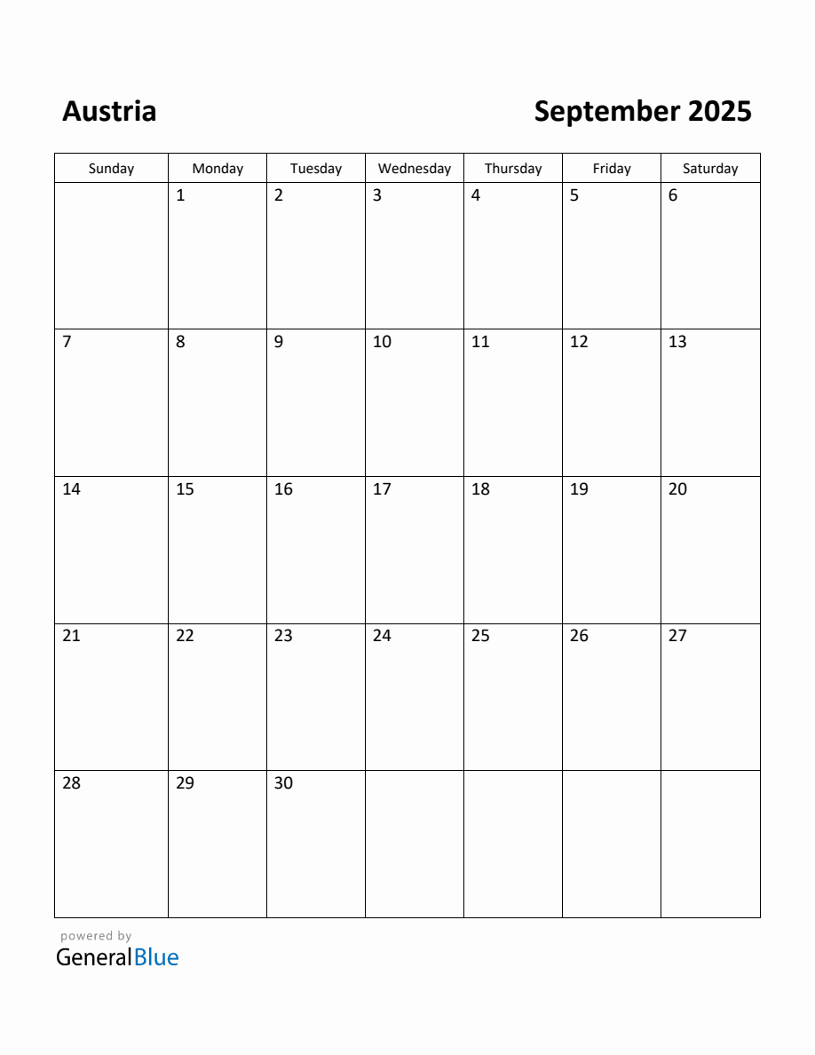 Free Printable September 2025 Calendar for Austria