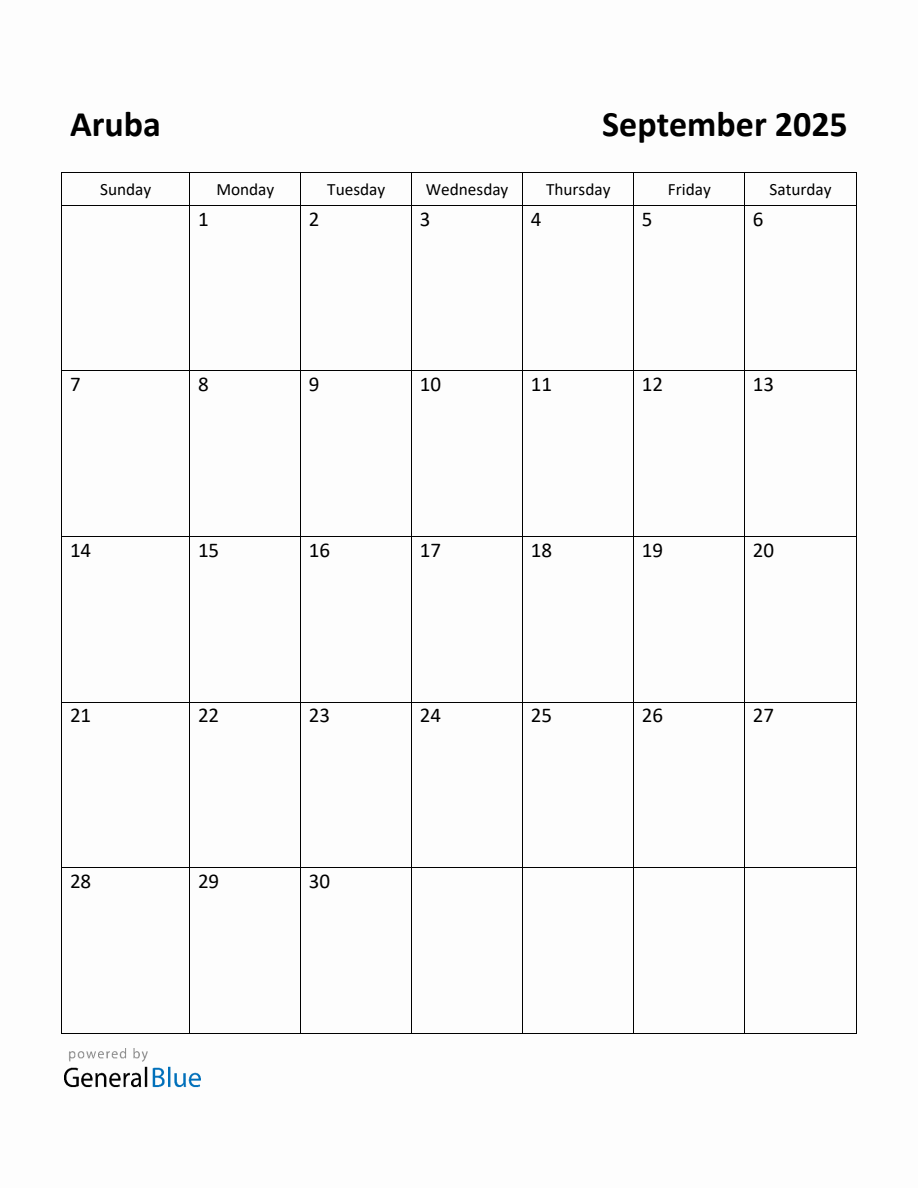 Free Printable September 2025 Calendar for Aruba