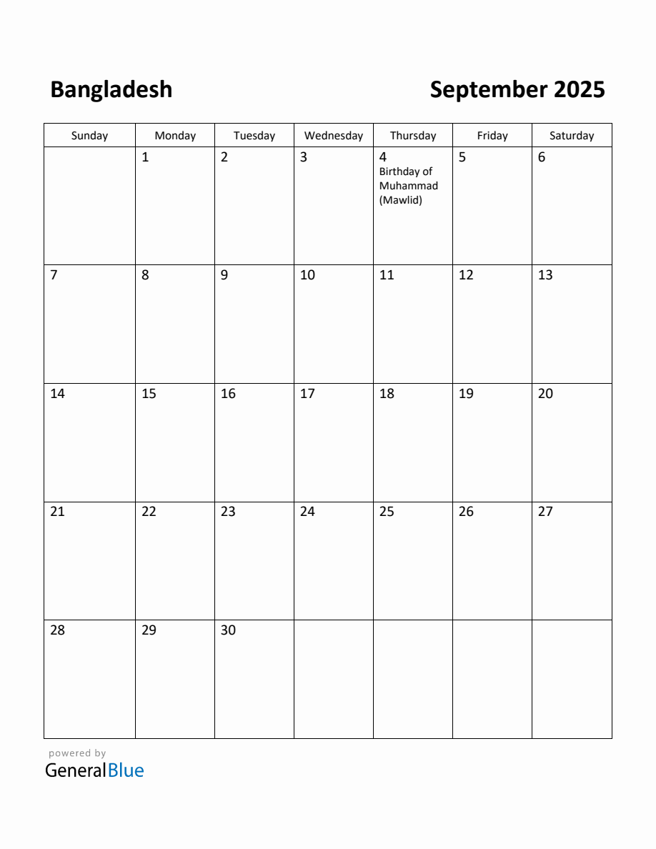 Free Printable September 2025 Calendar for Bangladesh