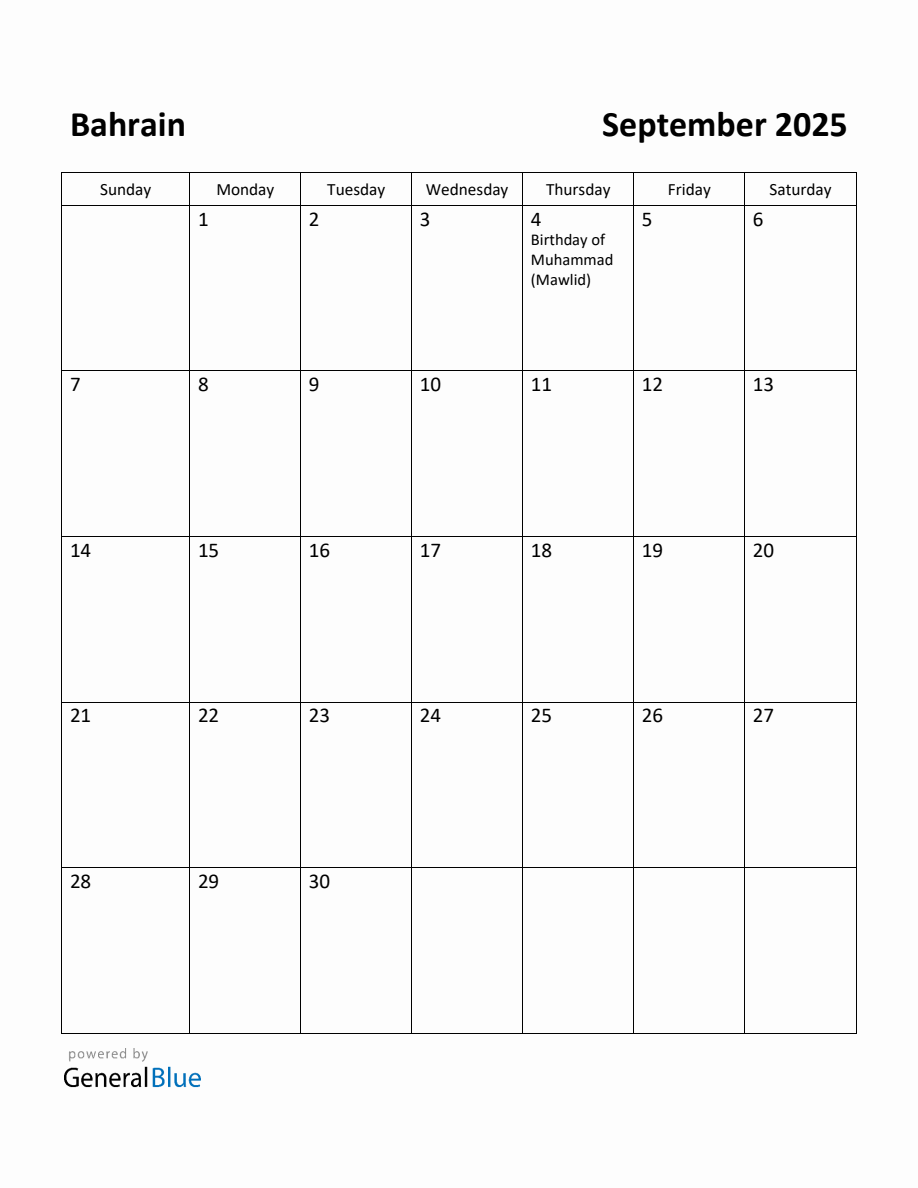 Free Printable September 2025 Calendar for Bahrain