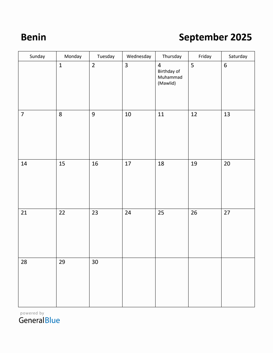 Free Printable September 2025 Calendar for Benin