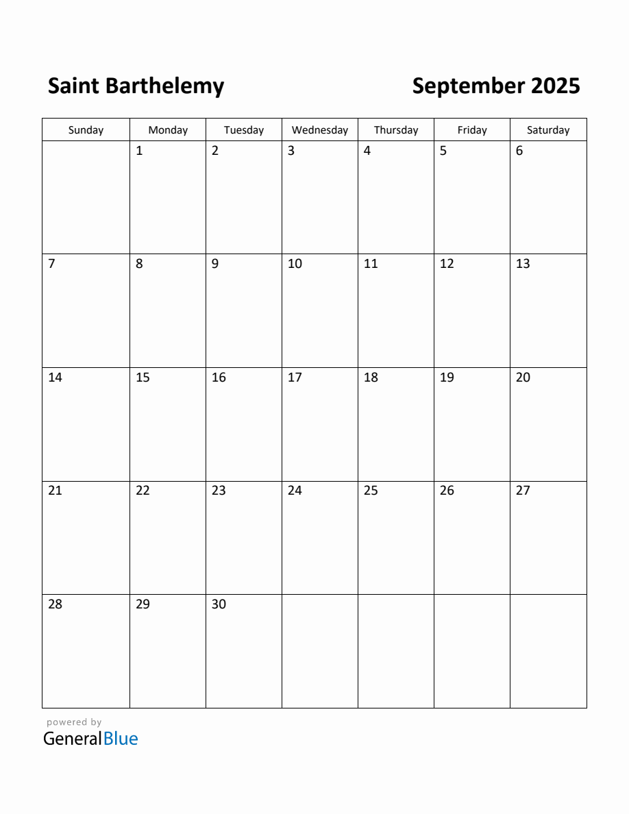 Free Printable September 2025 Calendar for Saint Barthelemy