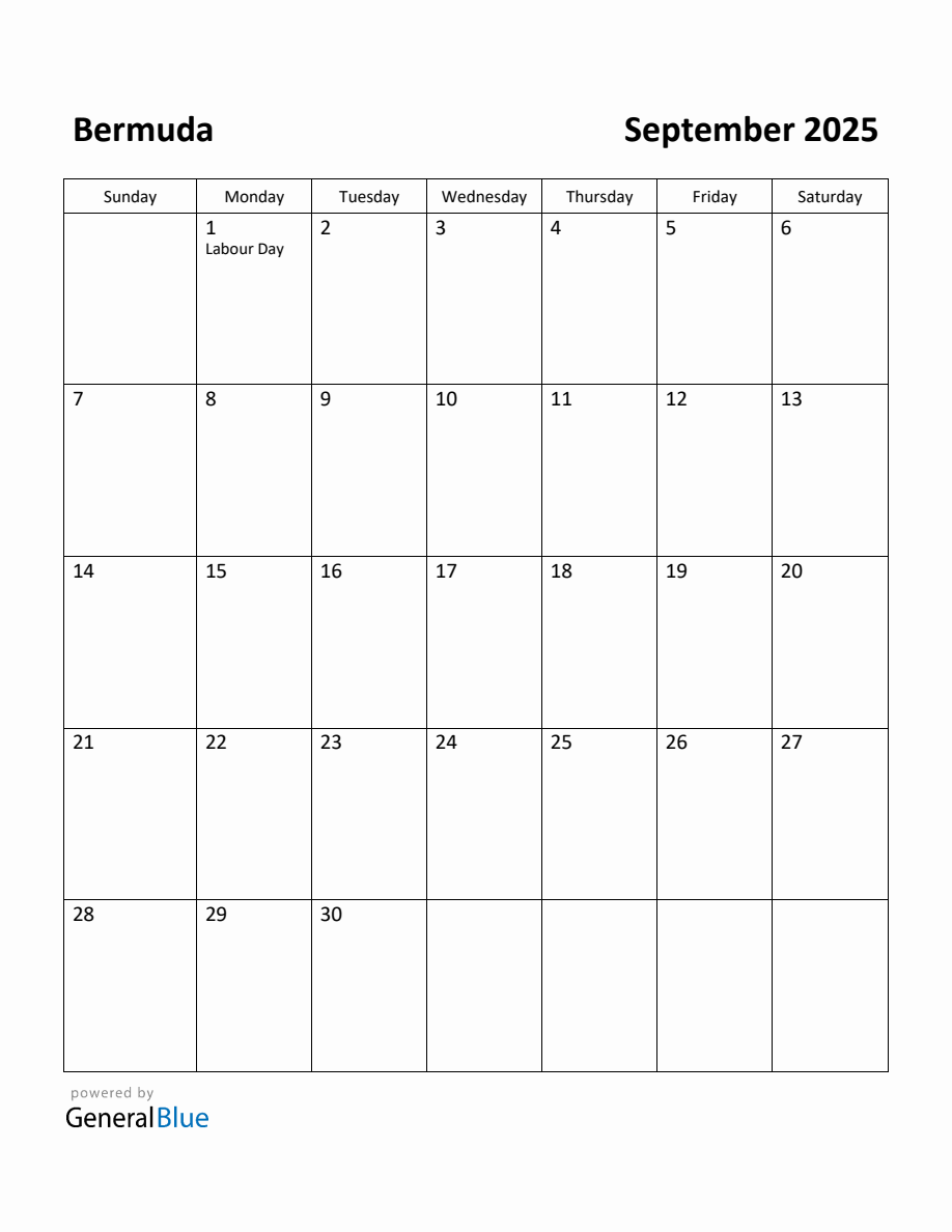 Free Printable September 2025 Calendar for Bermuda