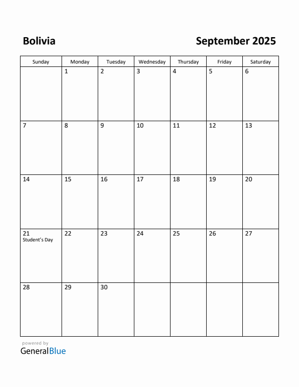September 2025 Calendar with Bolivia Holidays