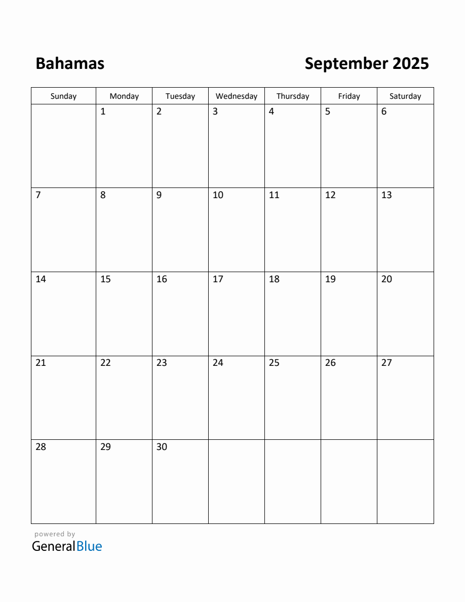 Free Printable September 2025 Calendar for Bahamas