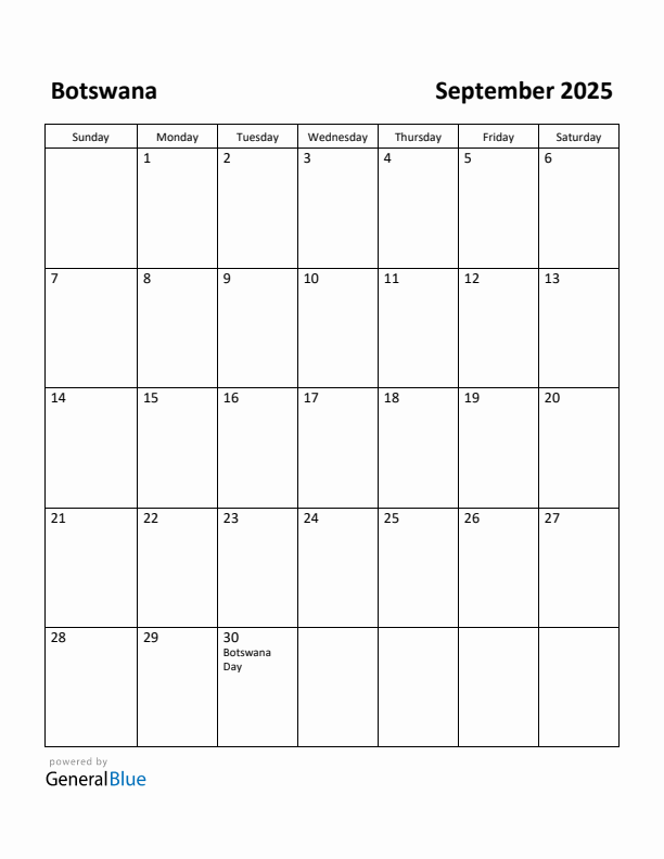 September 2025 Calendar with Botswana Holidays