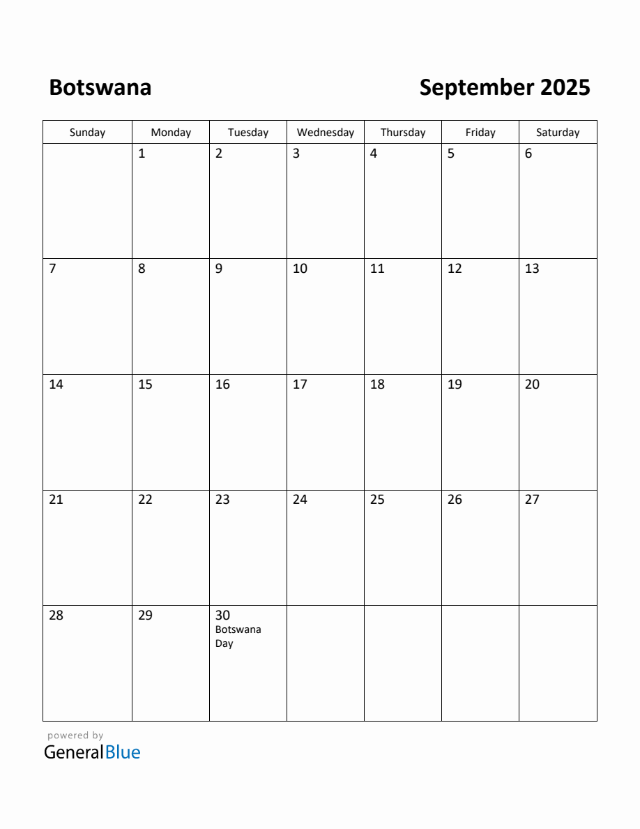 Free Printable September 2025 Calendar for Botswana