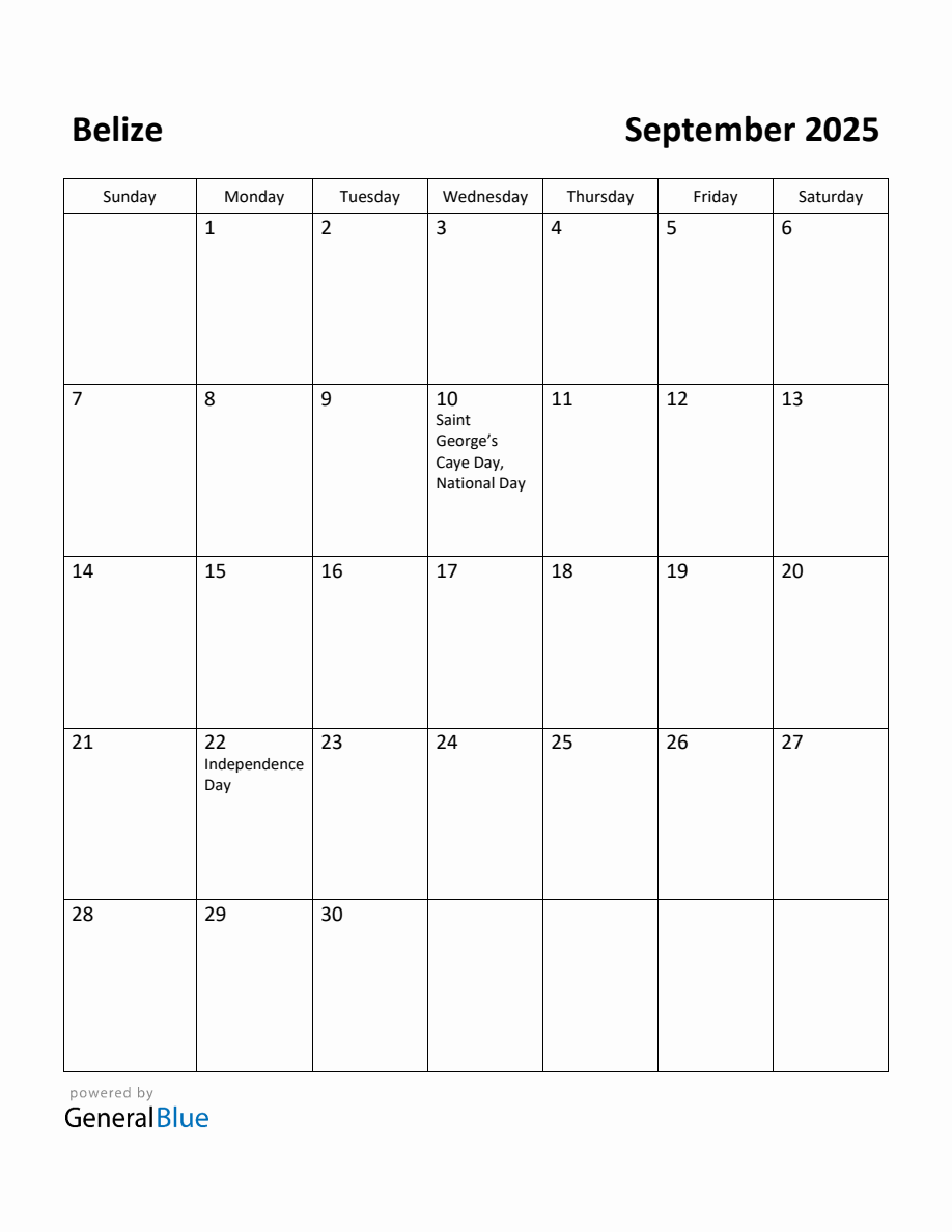 Free Printable September 2025 Calendar for Belize