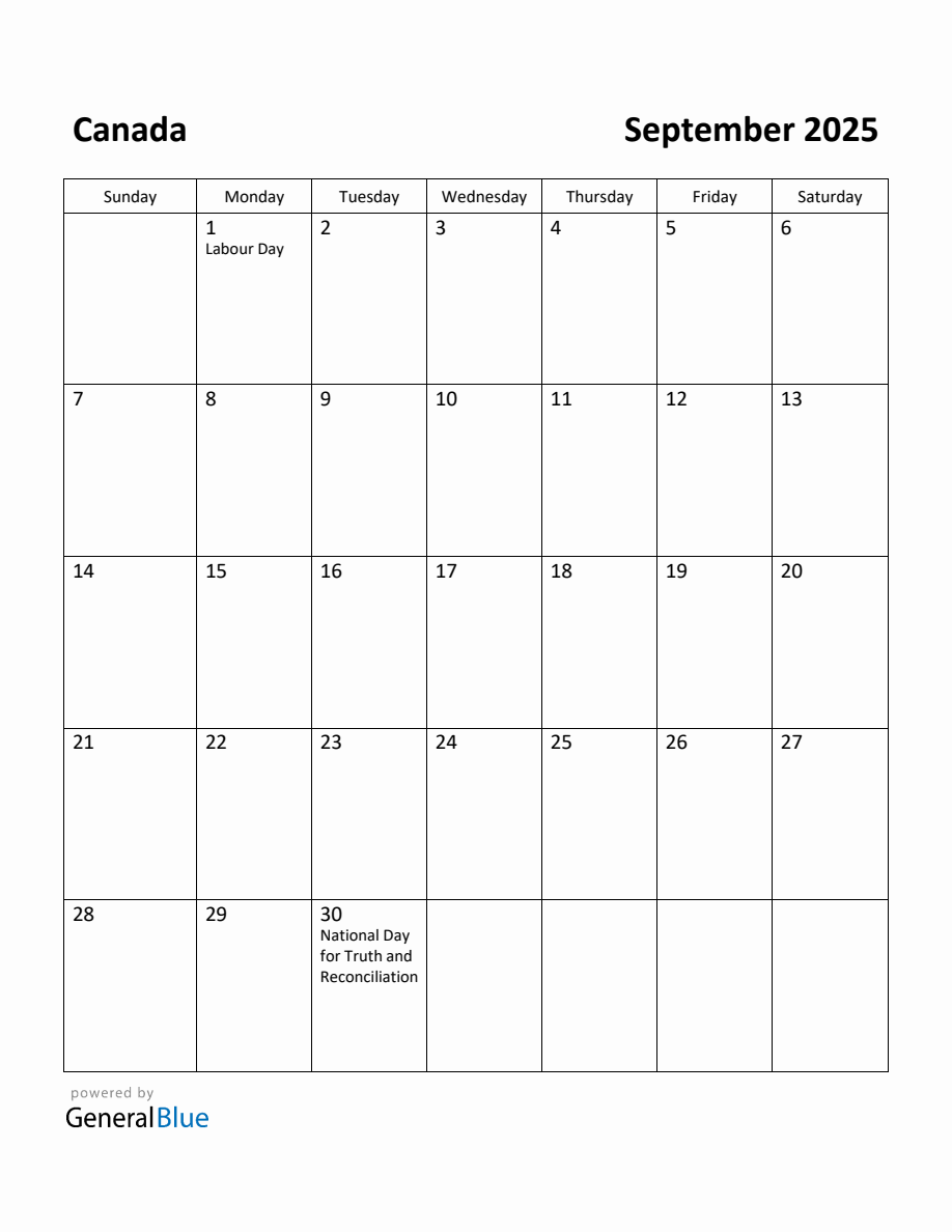 Free Printable September 2025 Calendar for Canada