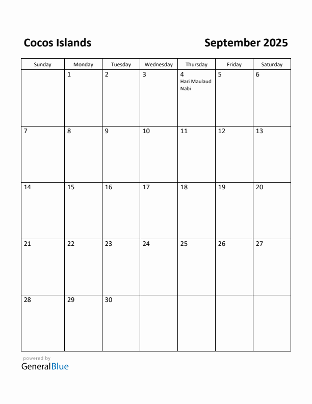September 2025 Calendar with Cocos Islands Holidays
