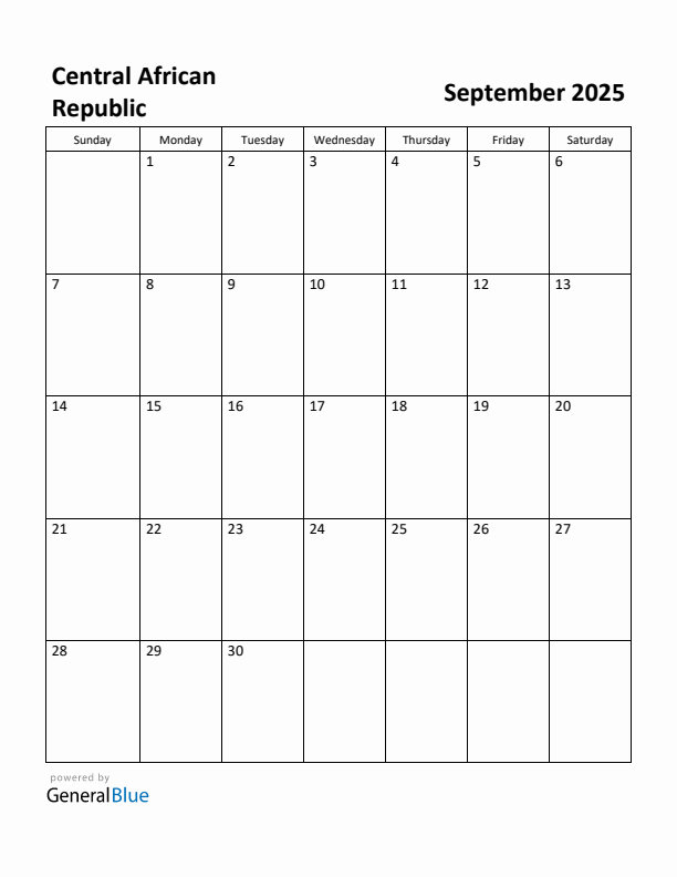 September 2025 Calendar with Central African Republic Holidays