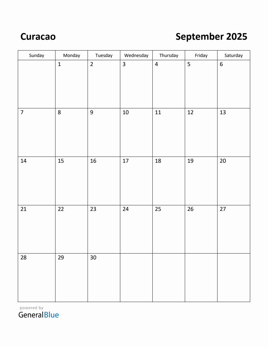 Free Printable September 2025 Calendar for Curacao