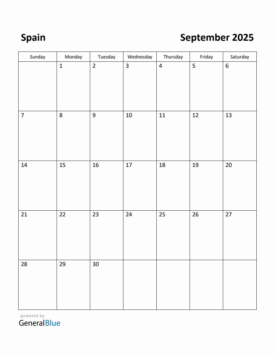 Free Printable September 2025 Calendar for Spain