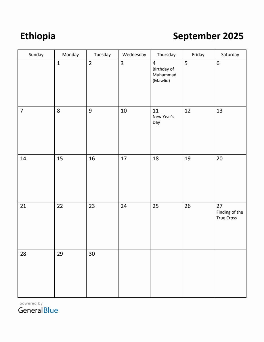 Free Printable September 2025 Calendar for Ethiopia