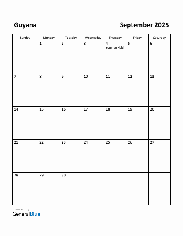 September 2025 Calendar with Guyana Holidays