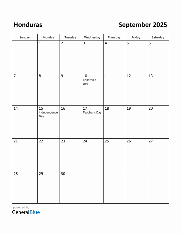 September 2025 Calendar with Honduras Holidays