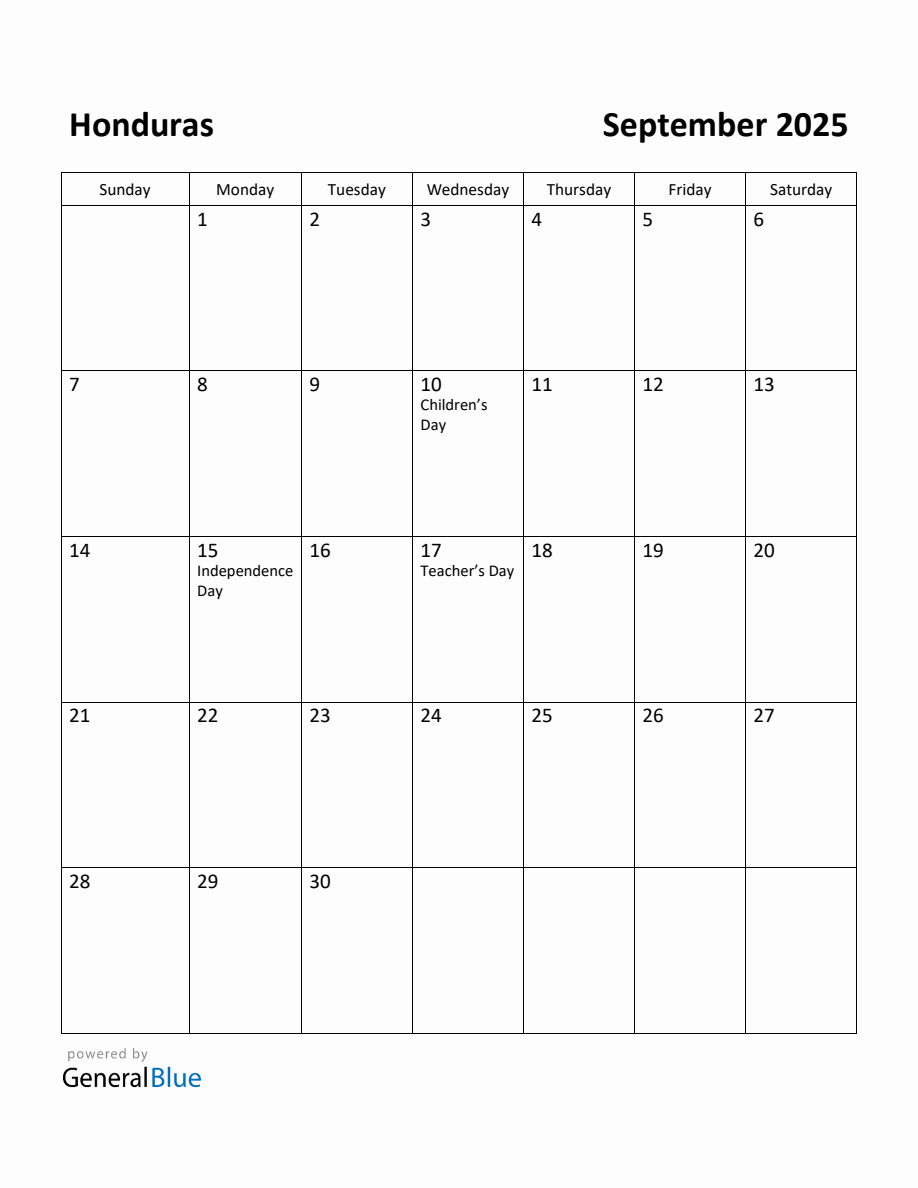 Free Printable September 2025 Calendar for Honduras