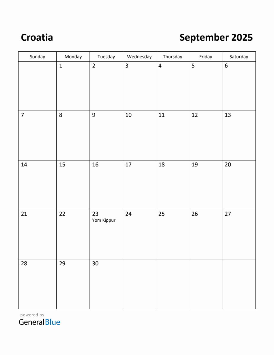 Free Printable September 2025 Calendar for Croatia