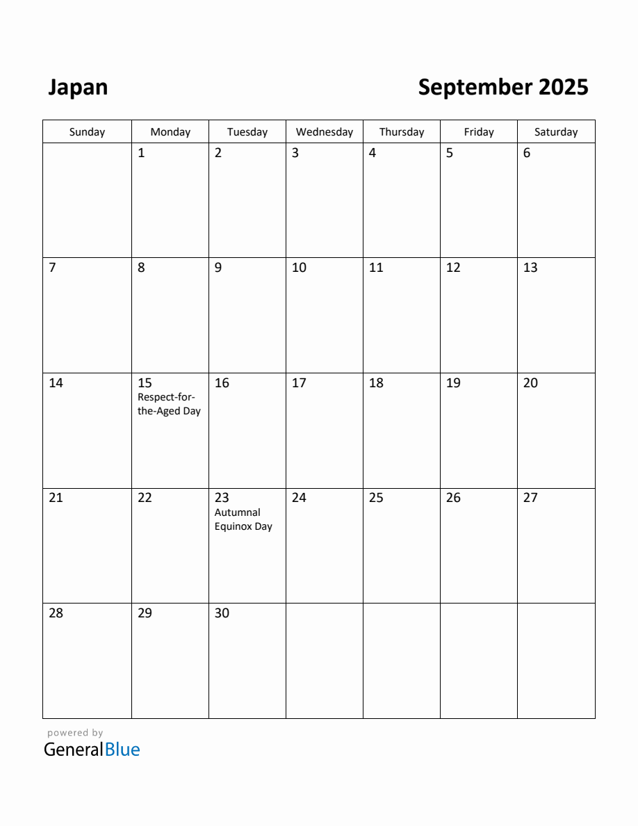 Free Printable September 2025 Calendar for Japan