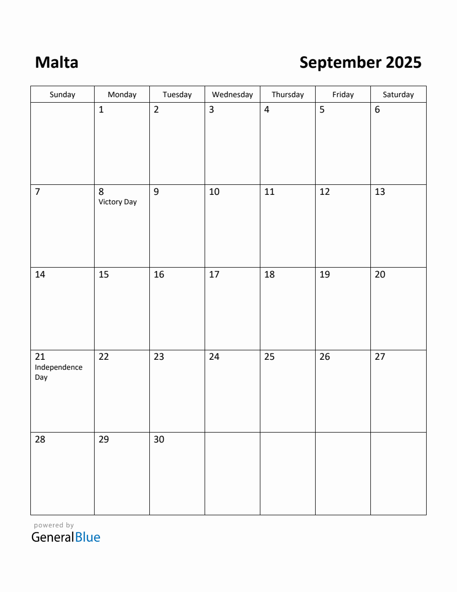 Free Printable September 2025 Calendar for Malta