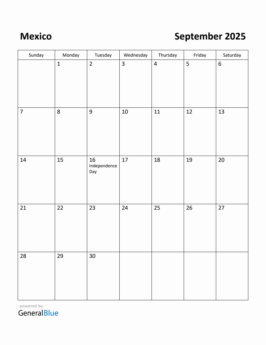 Free Printable September 2025 Calendar for Mexico