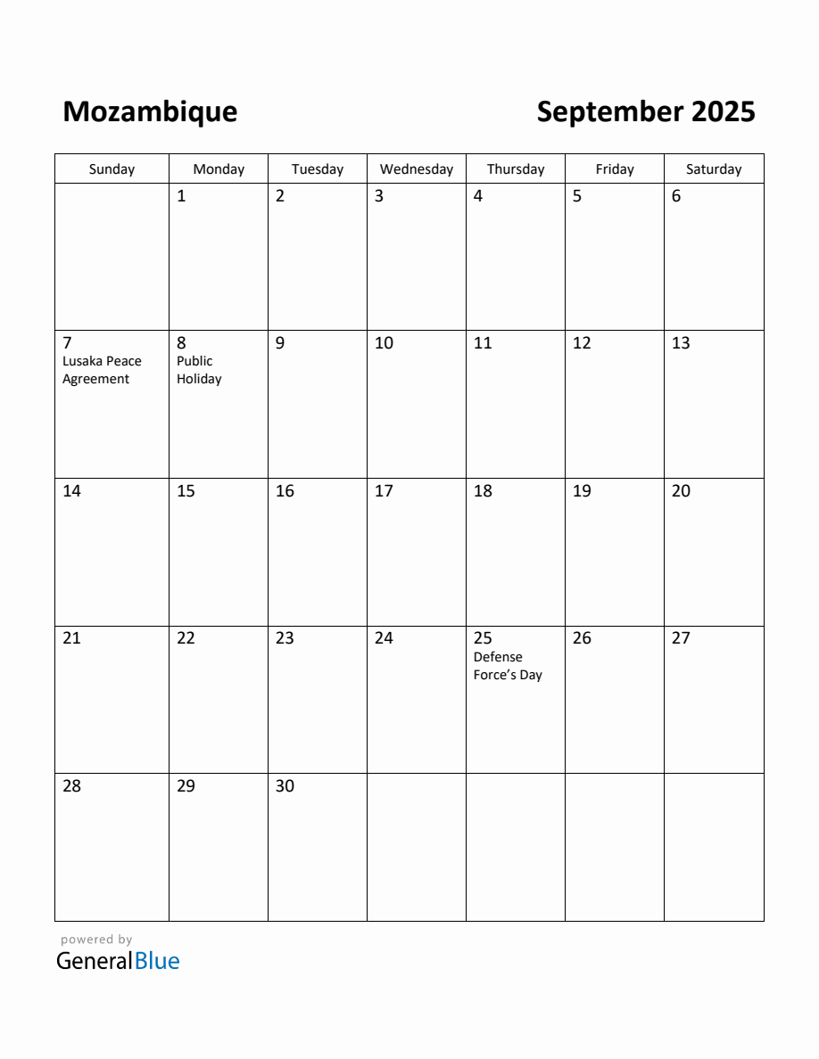 Free Printable September 2025 Calendar for Mozambique